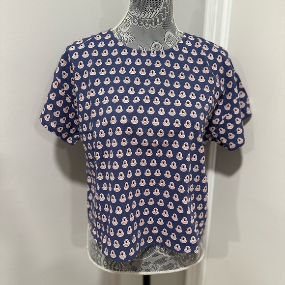 Womens S/M Cotton Boxy Lightweight blue/ red Repeat Oval Abstract Pattern Blouse - Picture 1 of 15